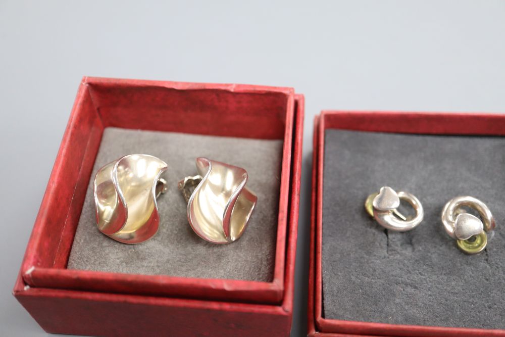 Regitze Overgaard for Georg Jensen, a pair of sterling silver heart earrings and a pair of modernist ear clips by Nanna Ditzel,
